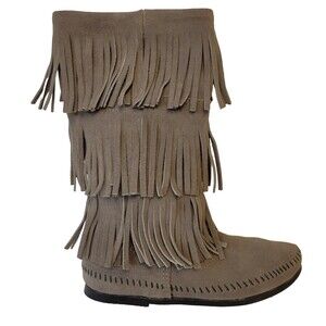 Minnetonka Suede Calf Hi 3-Layer Fringe Moccasin Pocahontas Cowgirl Western Boot